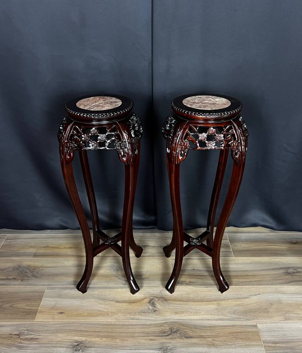 Pair Of Chinese Side Tables In Carved Wood And Marble-photo-2
