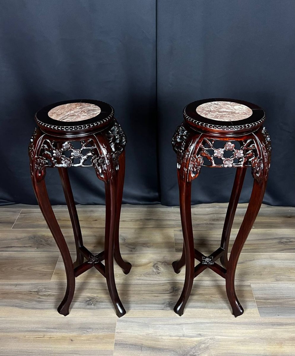 Pair Of Chinese Side Tables In Carved Wood And Marble-photo-3