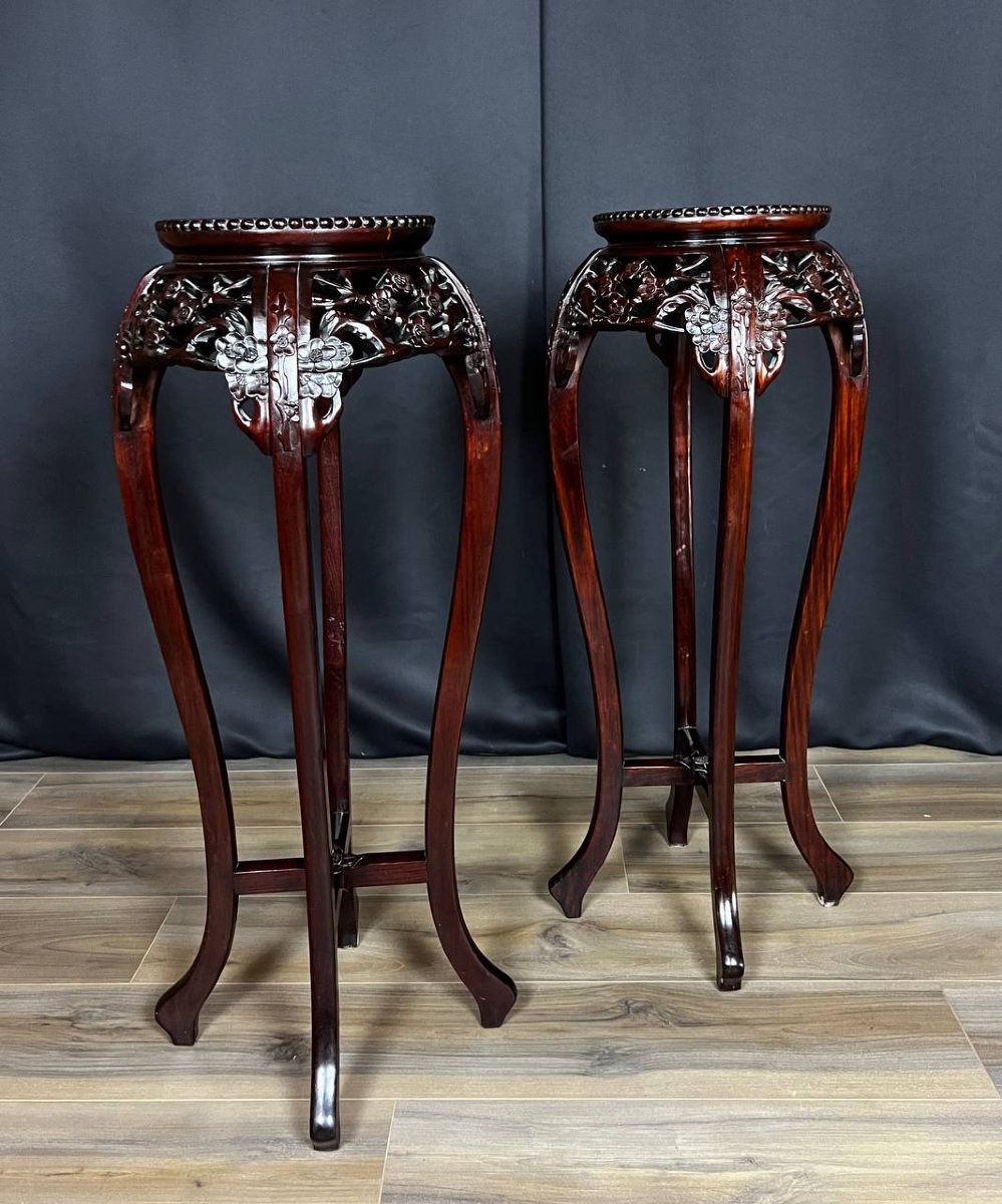 Pair Of Chinese Side Tables In Carved Wood And Marble-photo-4