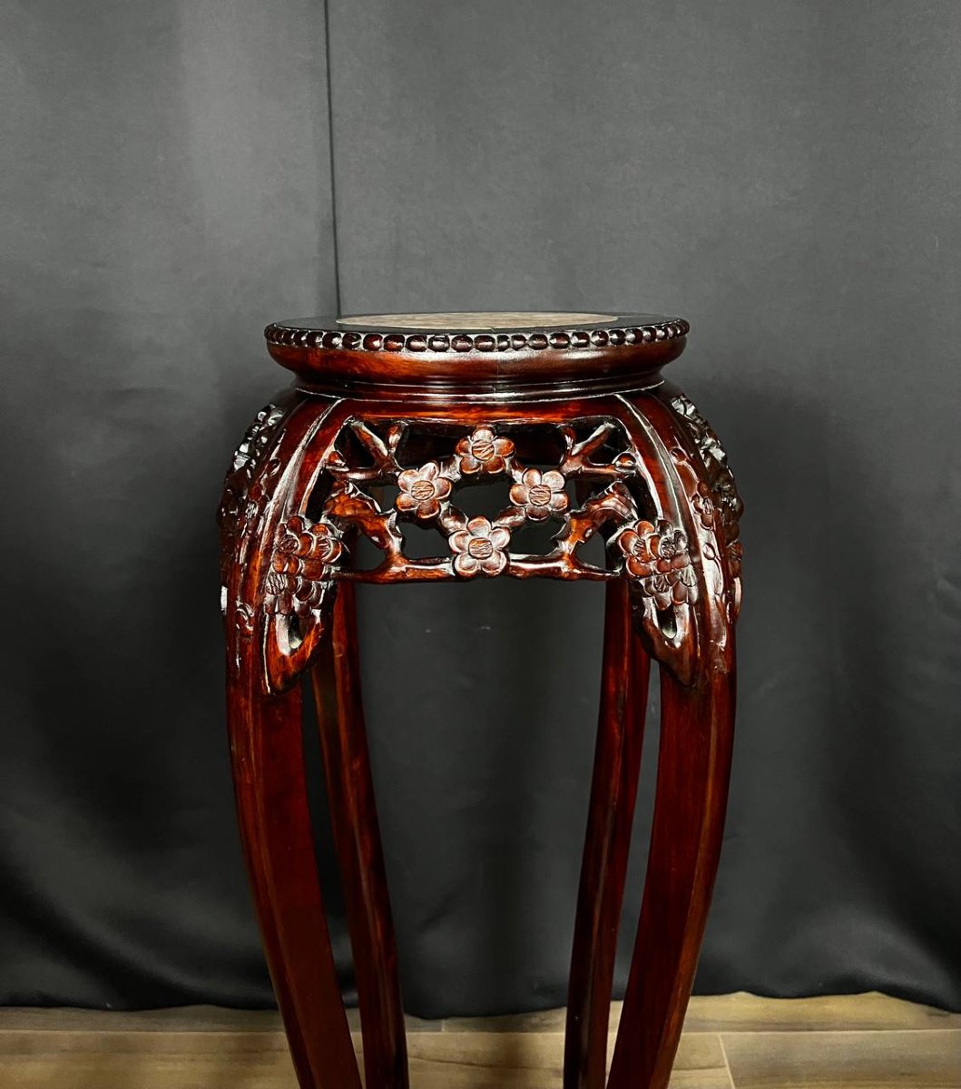 Pair Of Chinese Side Tables In Carved Wood And Marble-photo-6