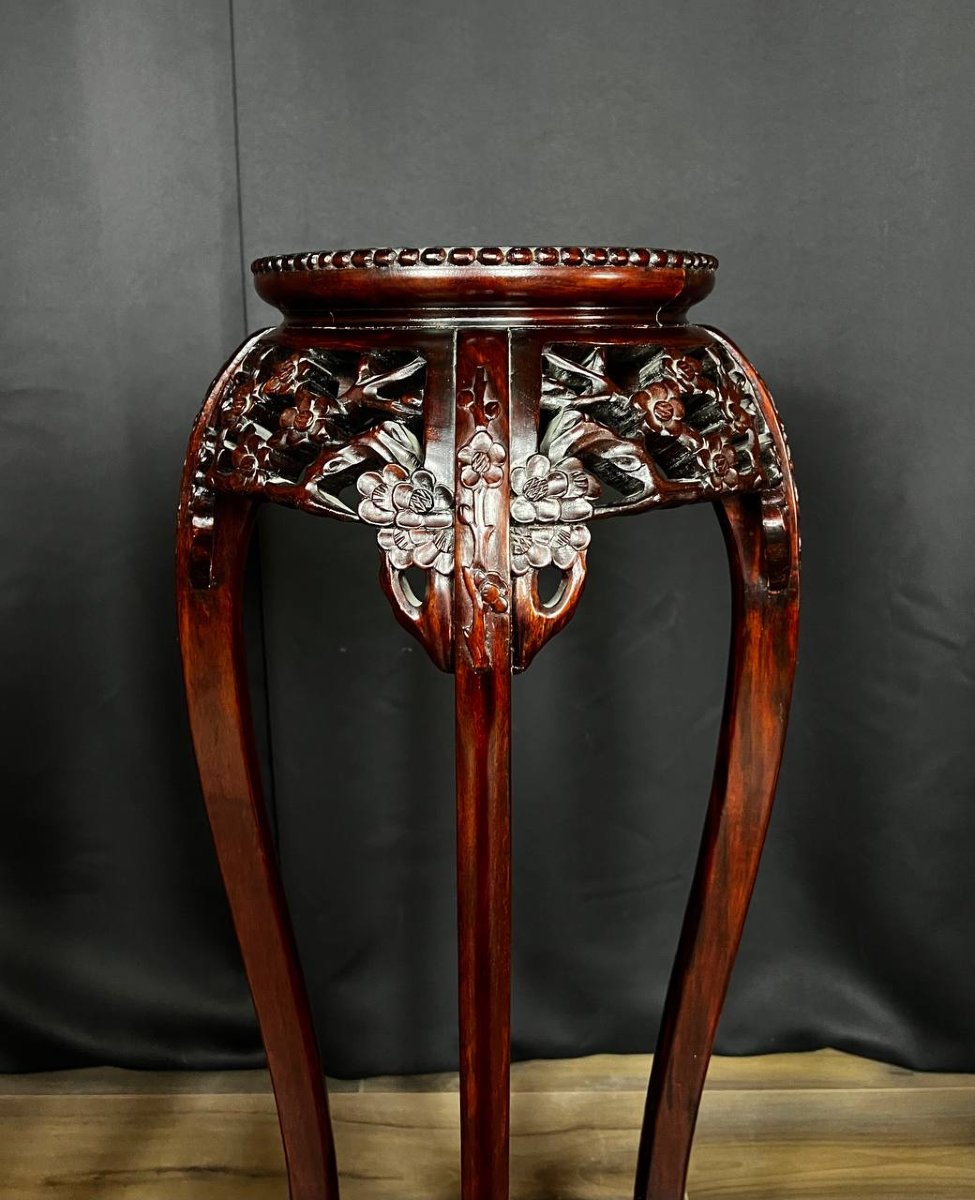Pair Of Chinese Side Tables In Carved Wood And Marble-photo-8