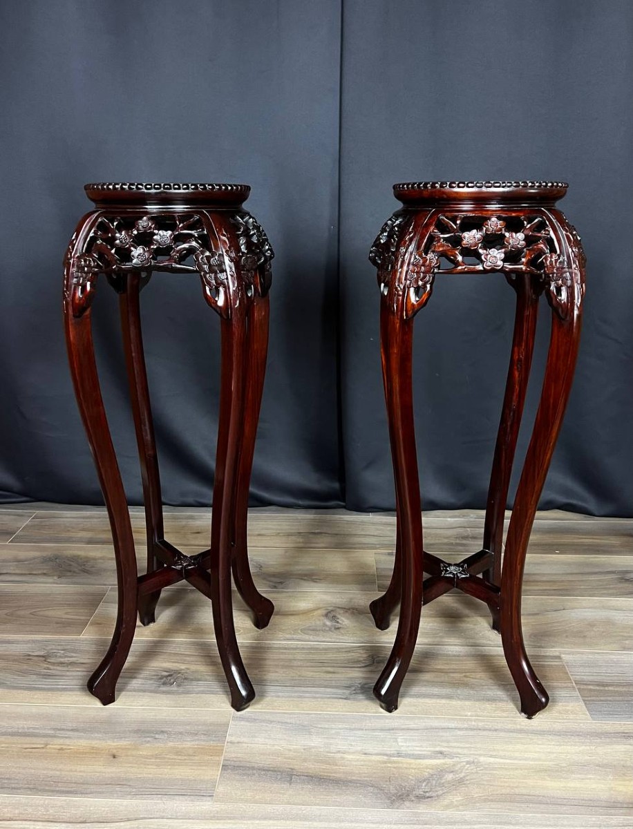 Pair Of Chinese Side Tables In Carved Wood And Marble