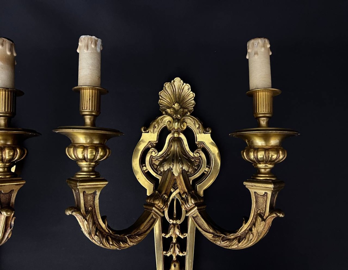 Grande paire d’appliques murales en bronze doré de style Louis XVl-photo-5