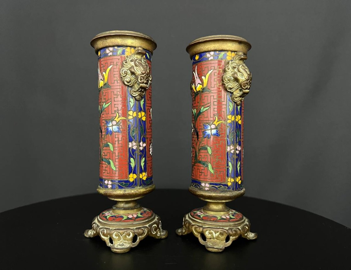 Pair Of Bronze Vases With Cloisonné Enamels-photo-6
