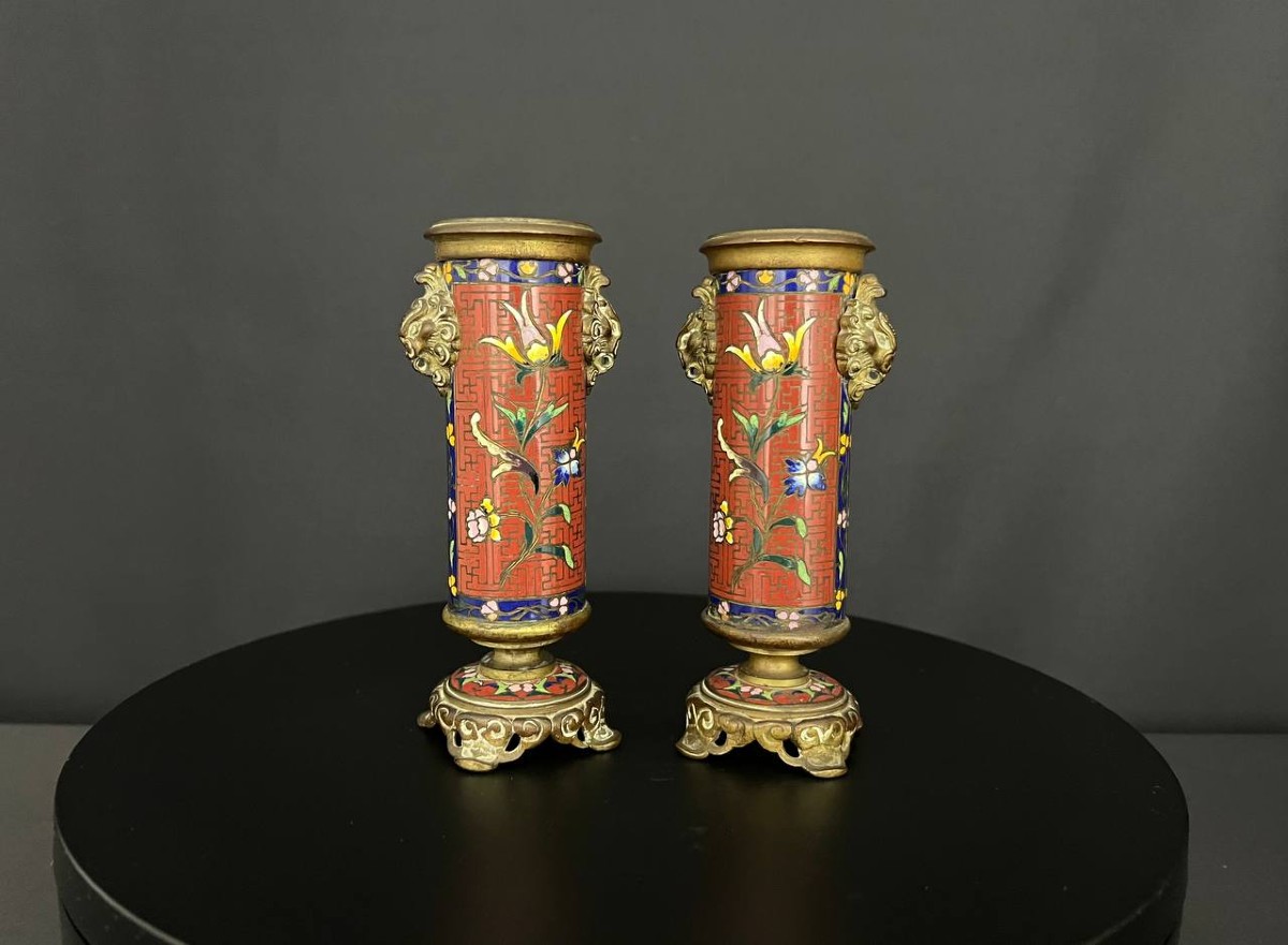 Pair Of Bronze Vases With Cloisonné Enamels