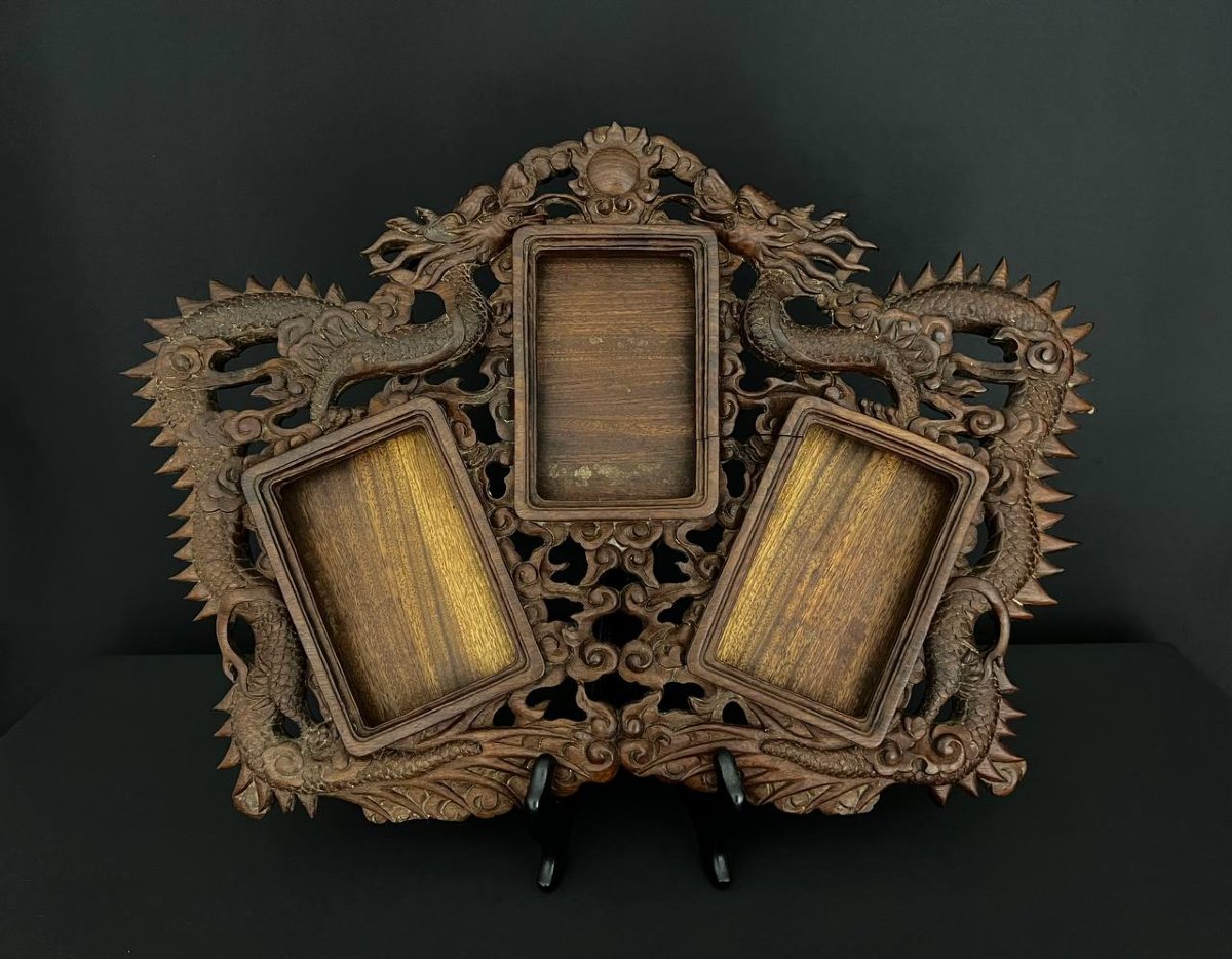 Grand cadre en bois sculpté aux dragons, style asiatique, fin XIXe – début XXe siècle-photo-1