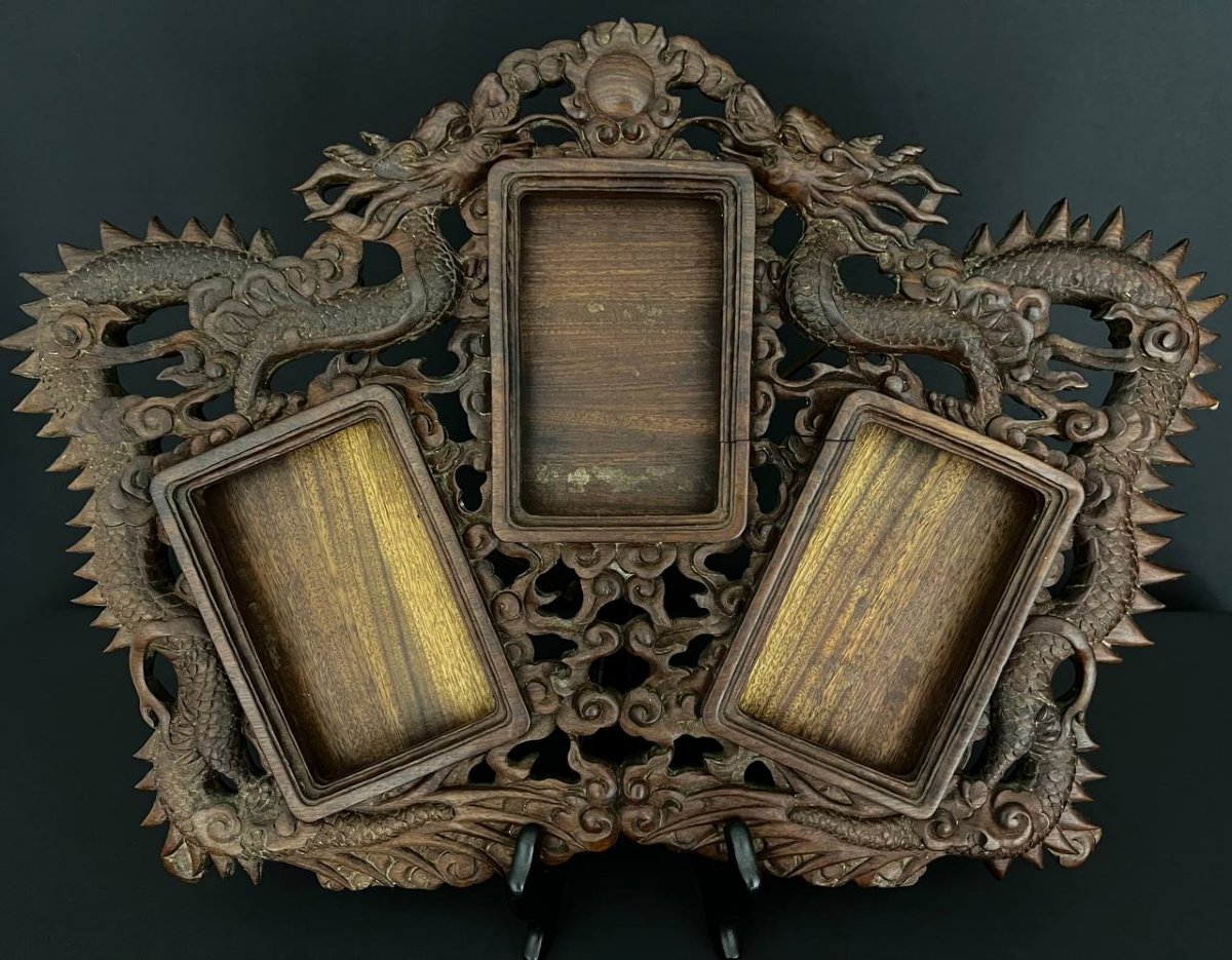 Grand cadre en bois sculpté aux dragons, style asiatique, fin XIXe – début XXe siècle-photo-2