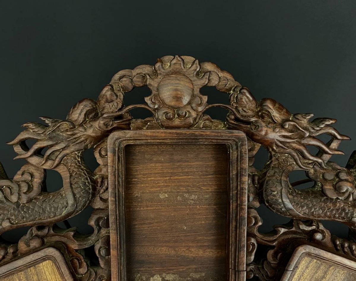 Grand cadre en bois sculpté aux dragons, style asiatique, fin XIXe – début XXe siècle-photo-3
