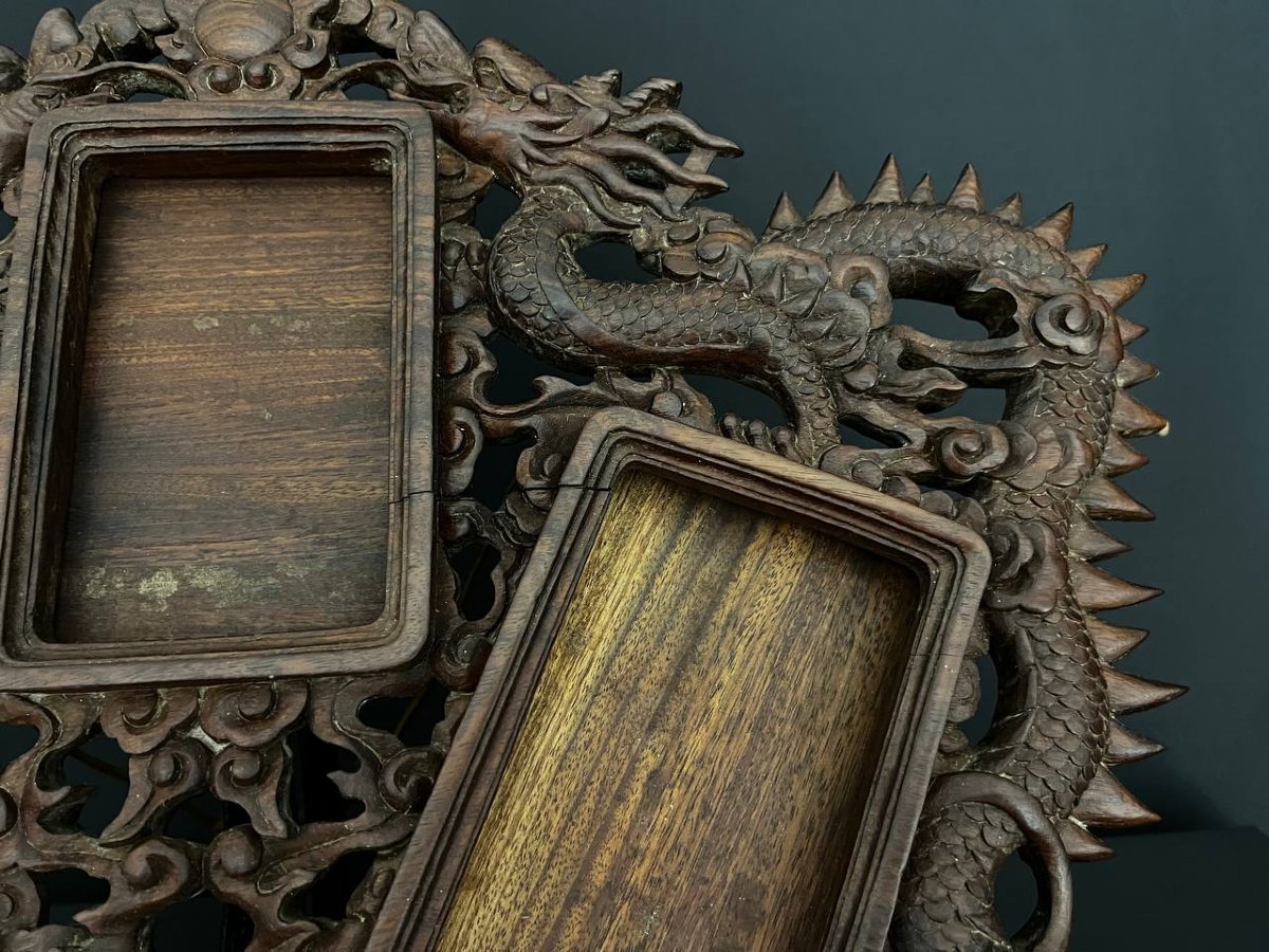 Grand cadre en bois sculpté aux dragons, style asiatique, fin XIXe – début XXe siècle-photo-5