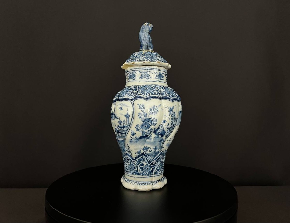 Covered Pot In Delft Earthenware, Chinese Blue-white Decoration, Attributed To The 18th Century-photo-2