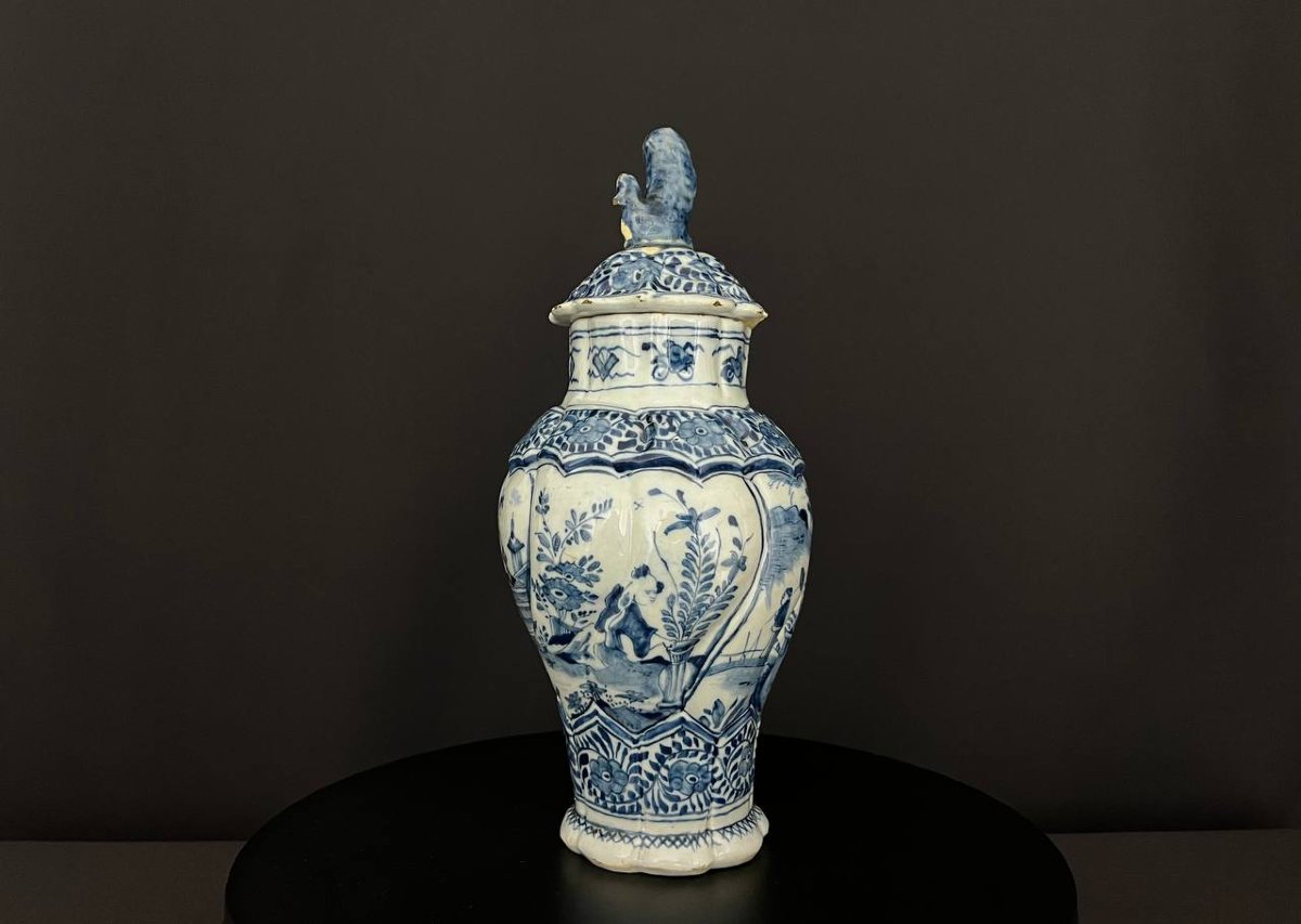 Covered Pot In Delft Earthenware, Chinese Blue-white Decoration, Attributed To The 18th Century-photo-4