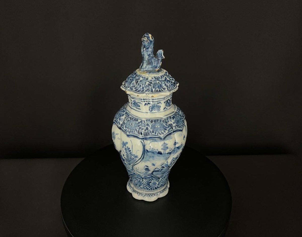Covered Pot In Delft Earthenware, Chinese Blue-white Decoration, Attributed To The 18th Century-photo-2