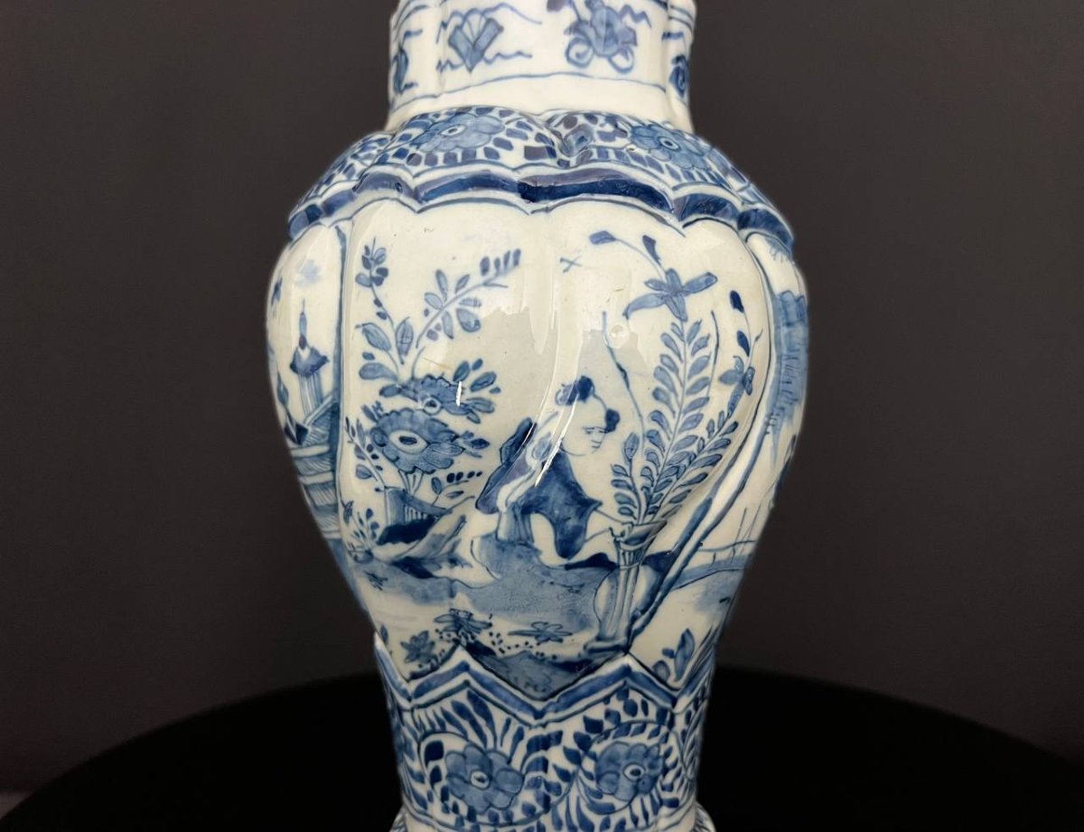 Covered Pot In Delft Earthenware, Chinese Blue-white Decoration, Attributed To The 18th Century-photo-3