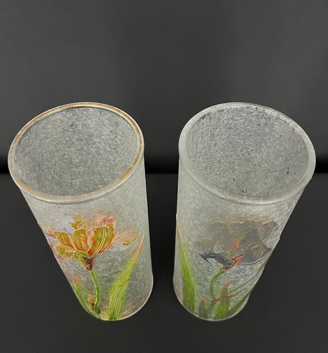 Paire de vases Baccarat en verre givré, décor d’iris émaillés-photo-1