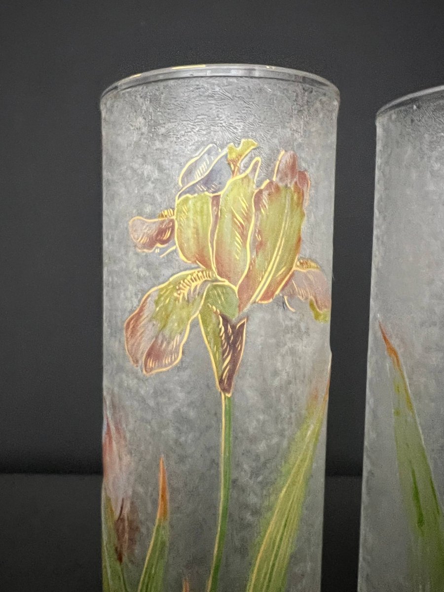Paire de vases Baccarat en verre givré, décor d’iris émaillés-photo-7