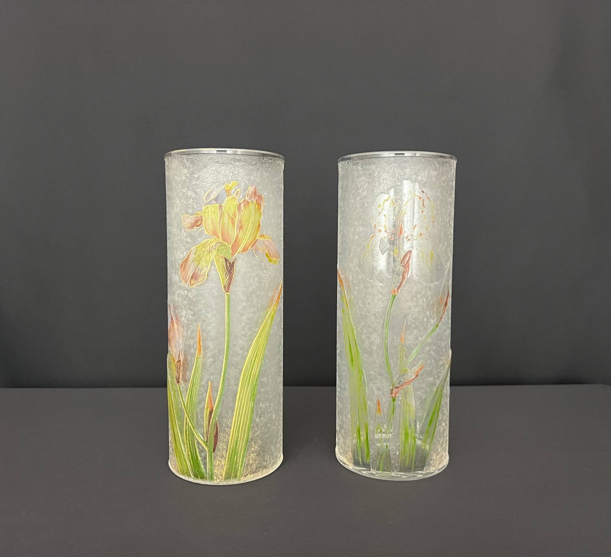 Paire de vases Baccarat en verre givré, décor d’iris émaillés