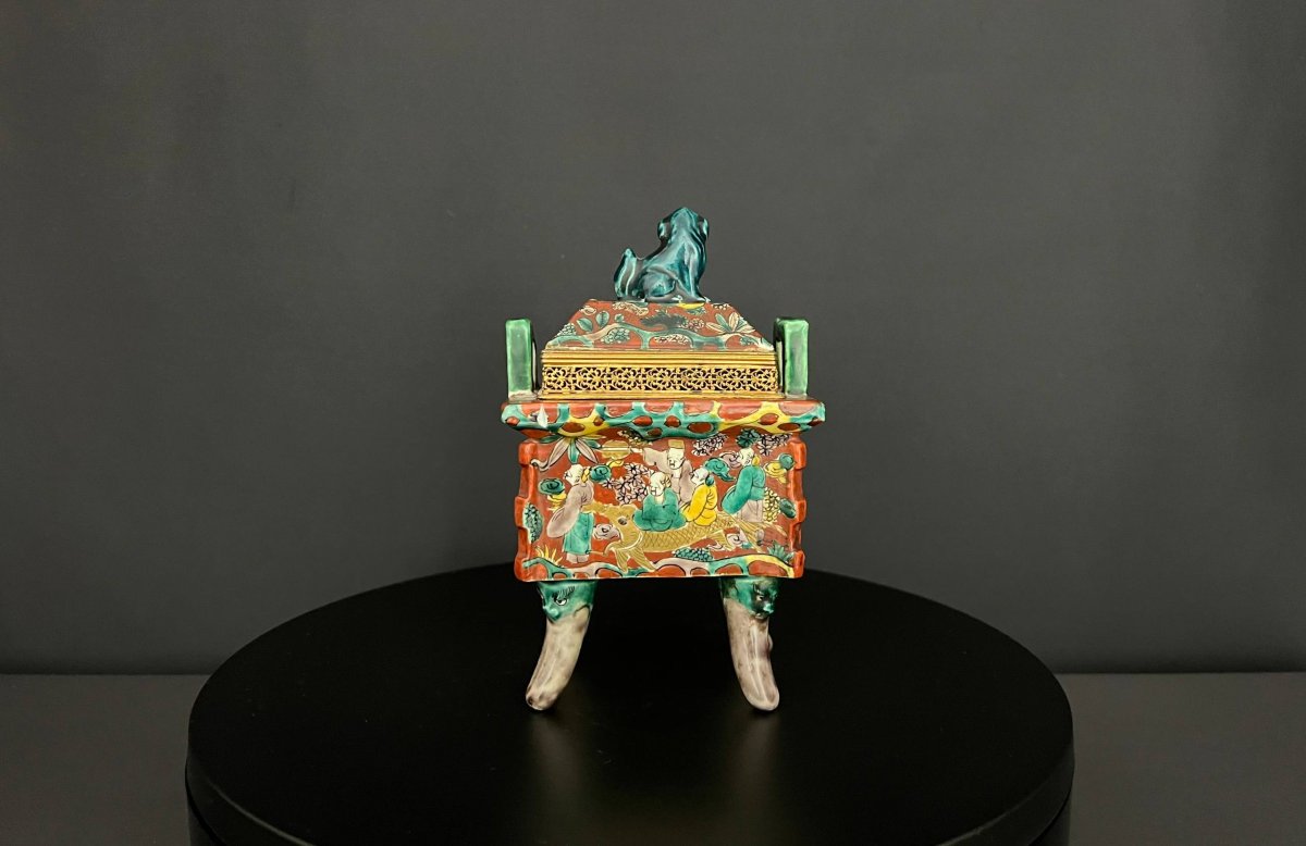 Asian Polychrome Ceramic Incense Burner-photo-2