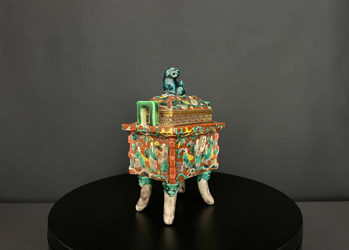Asian Polychrome Ceramic Incense Burner-photo-4