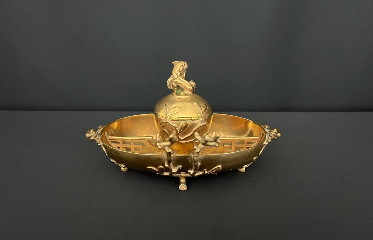 Encrier en bronze style japonisant décor végétal et chien de Fô-photo-3