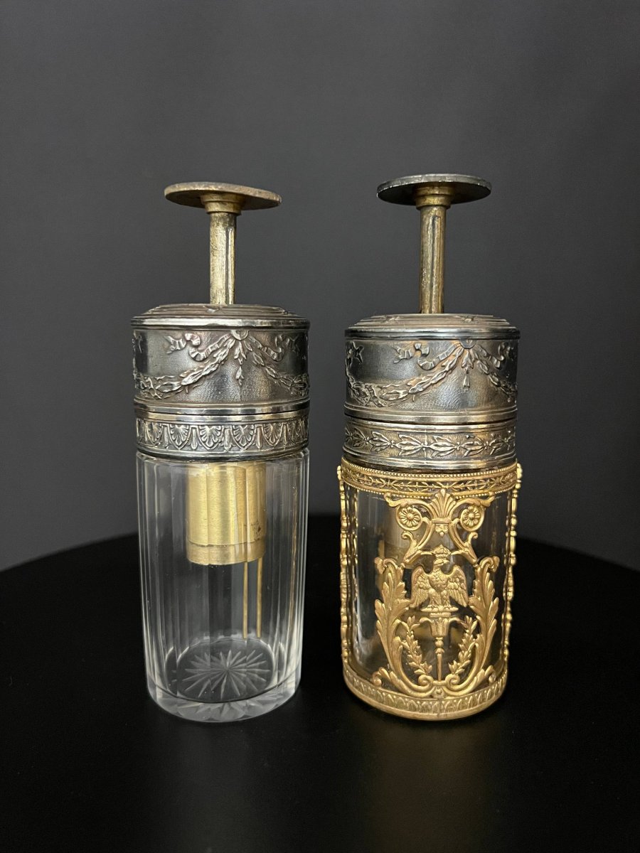 Pair Of Perfume Spray Bottles In Cut Crystal And Gilt Bronze, With Imperial Eagle Decoration-photo-1
