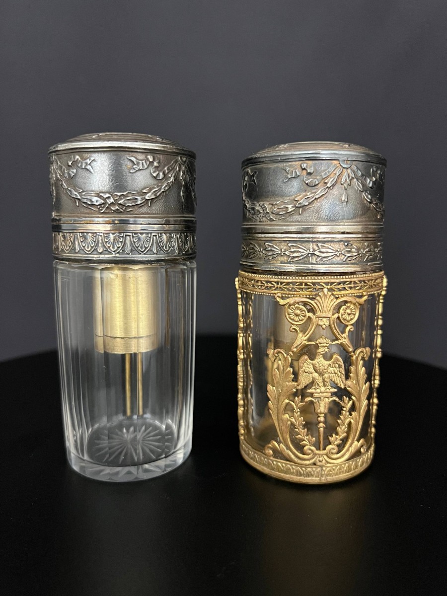 Pair Of Perfume Spray Bottles In Cut Crystal And Gilt Bronze, With Imperial Eagle Decoration