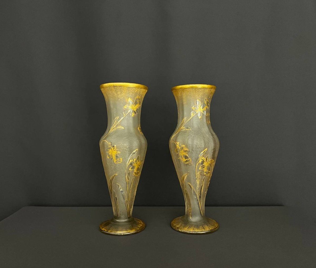 Pair Of Frosted Glass Vases With Gilded Floral Decoration - Cristallerie De Saint-denis-photo-2