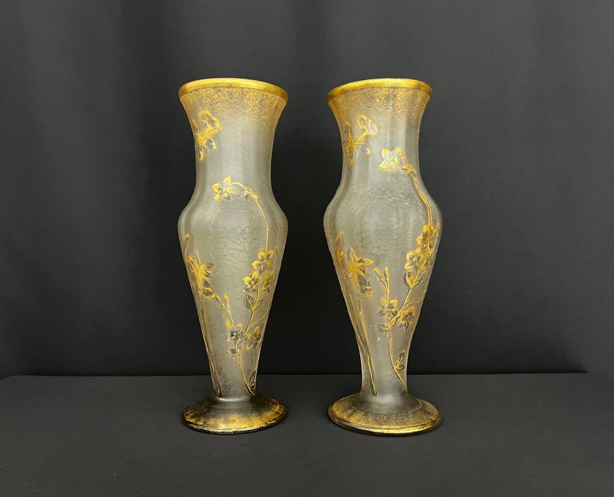 Pair Of Frosted Glass Vases With Gilded Floral Decoration - Cristallerie De Saint-denis-photo-4