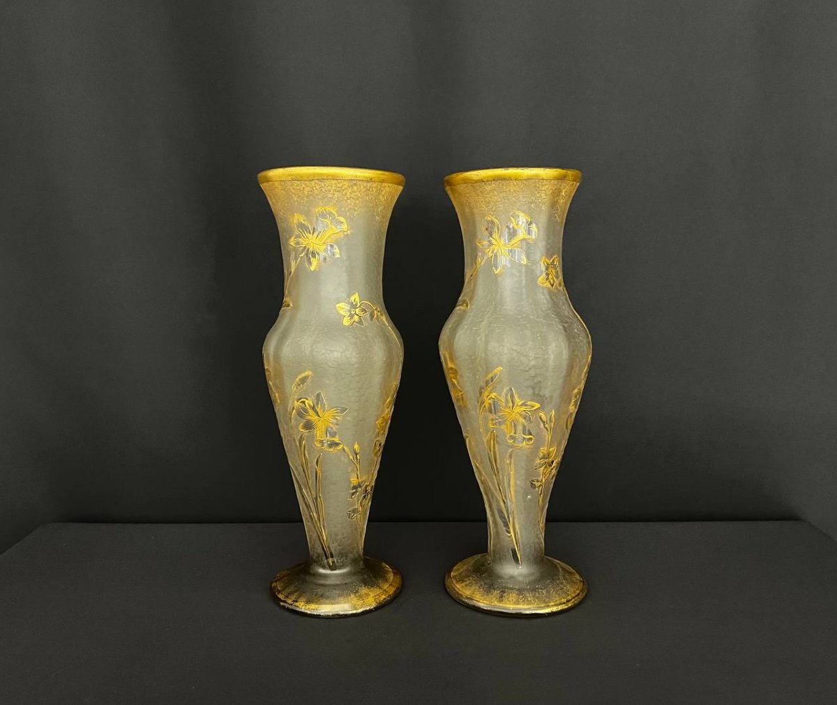 Pair Of Frosted Glass Vases With Gilded Floral Decoration - Cristallerie De Saint-denis-photo-3