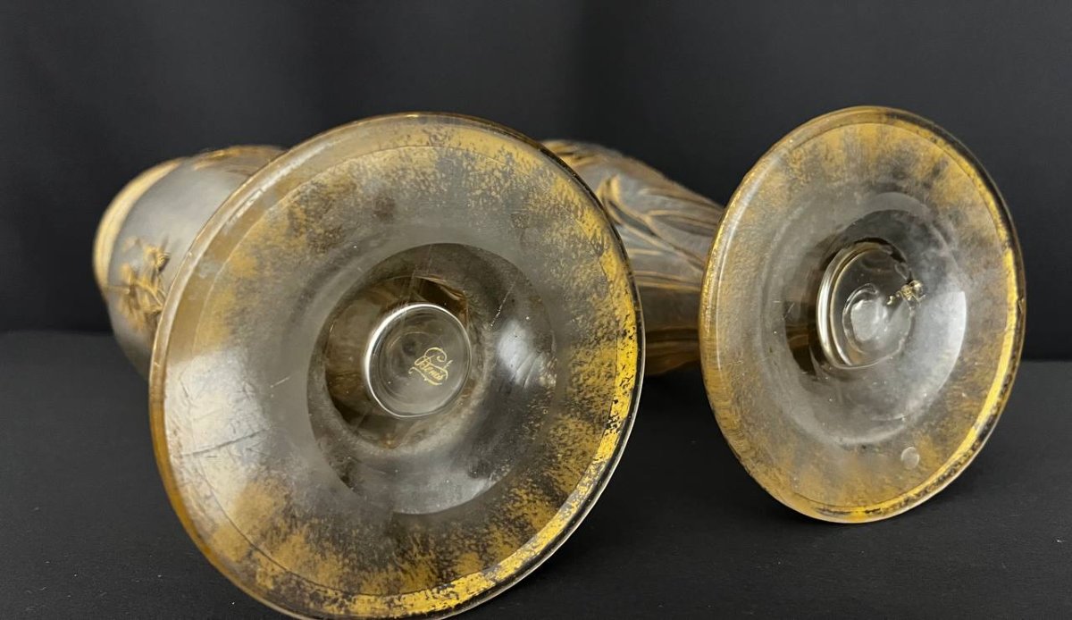 Pair Of Frosted Glass Vases With Gilded Floral Decoration - Cristallerie De Saint-denis-photo-8