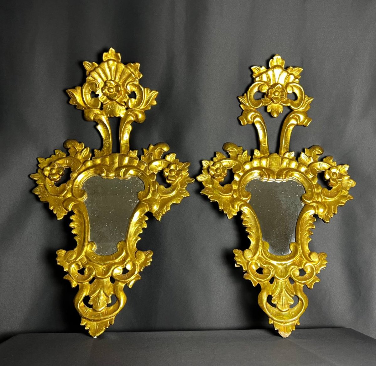 Paire de miroirs en bois sculpté et doré, style baroque italien, XIXe siècle-photo-2