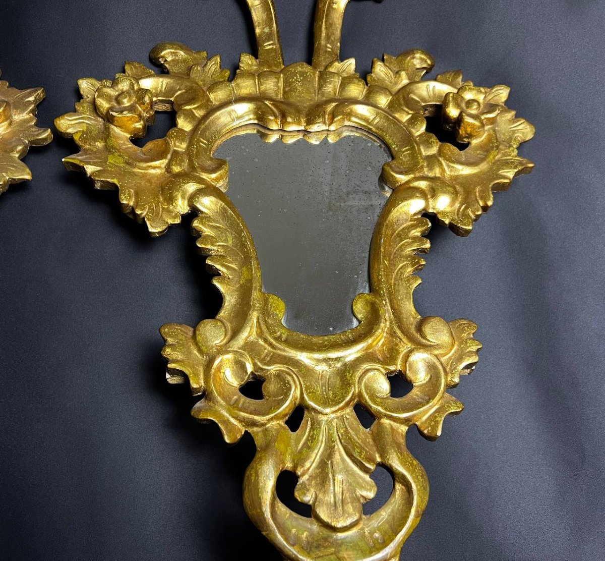 Paire de miroirs en bois sculpté et doré, style baroque italien, XIXe siècle-photo-1