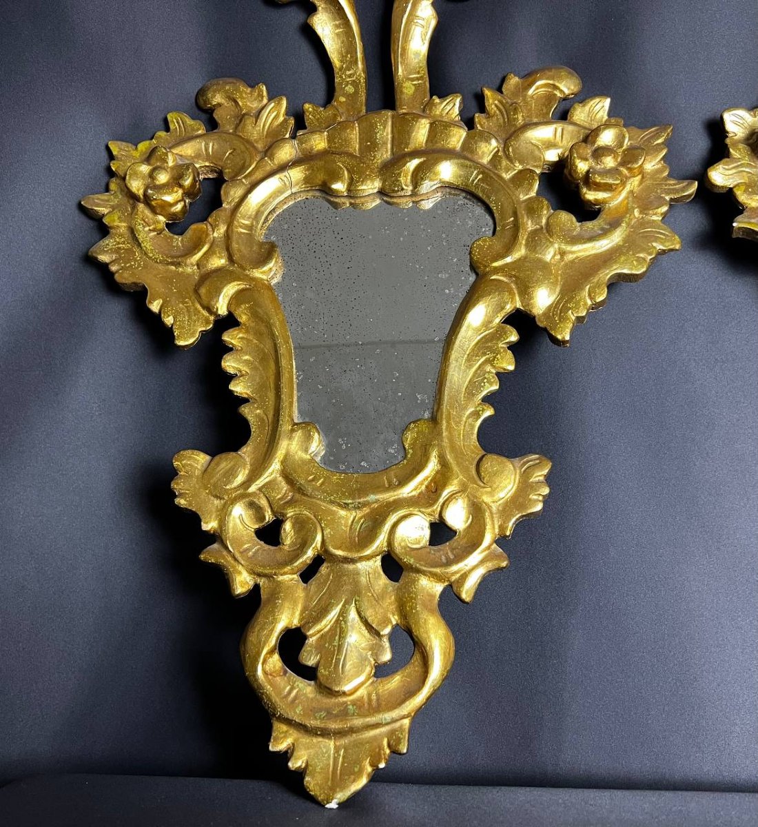 Paire de miroirs en bois sculpté et doré, style baroque italien, XIXe siècle-photo-3