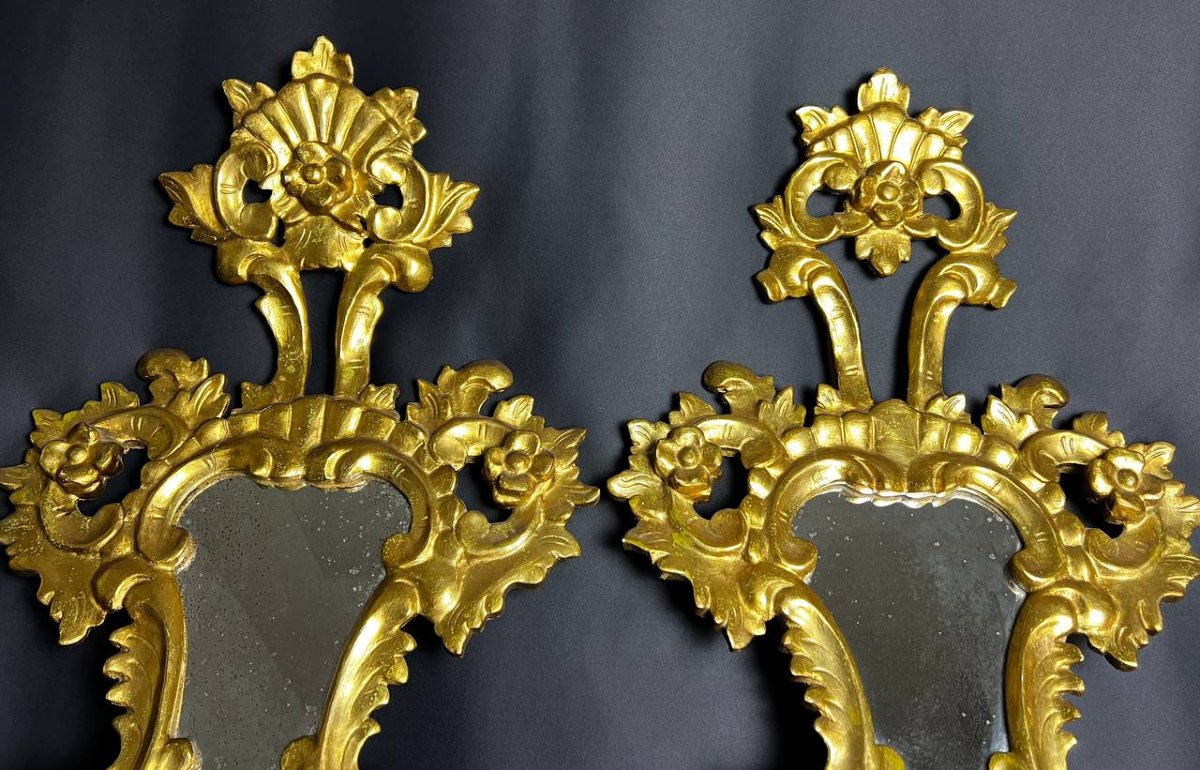 Paire de miroirs en bois sculpté et doré, style baroque italien, XIXe siècle-photo-5