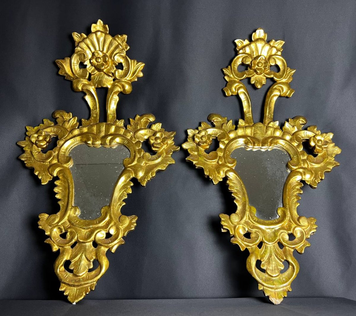 Paire de miroirs en bois sculpté et doré, style baroque italien, XIXe siècle-photo-6