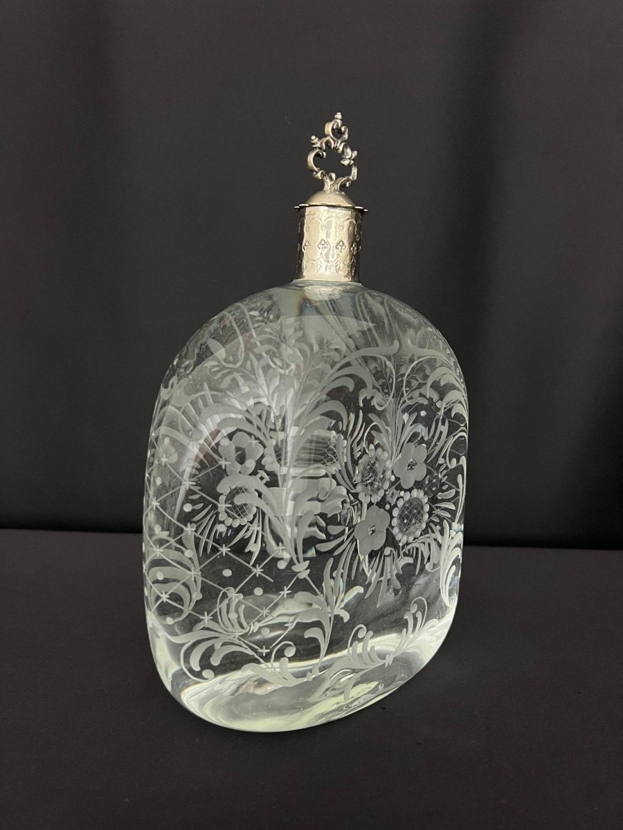 Italian Decanter In Engraved Crystal And Silver-photo-5