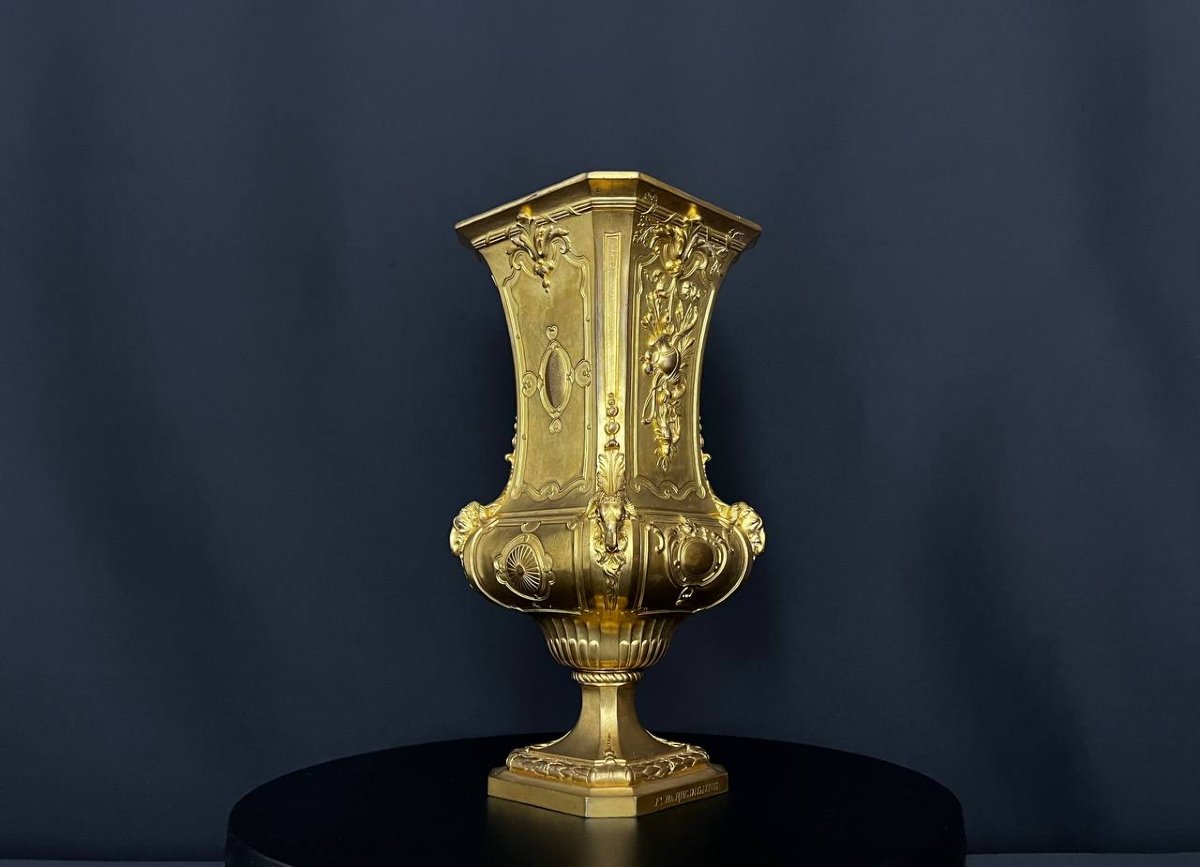 Gilt Bronze Vase Signed F. Barbedienne, Louis XV Style, 19th Century-photo-2