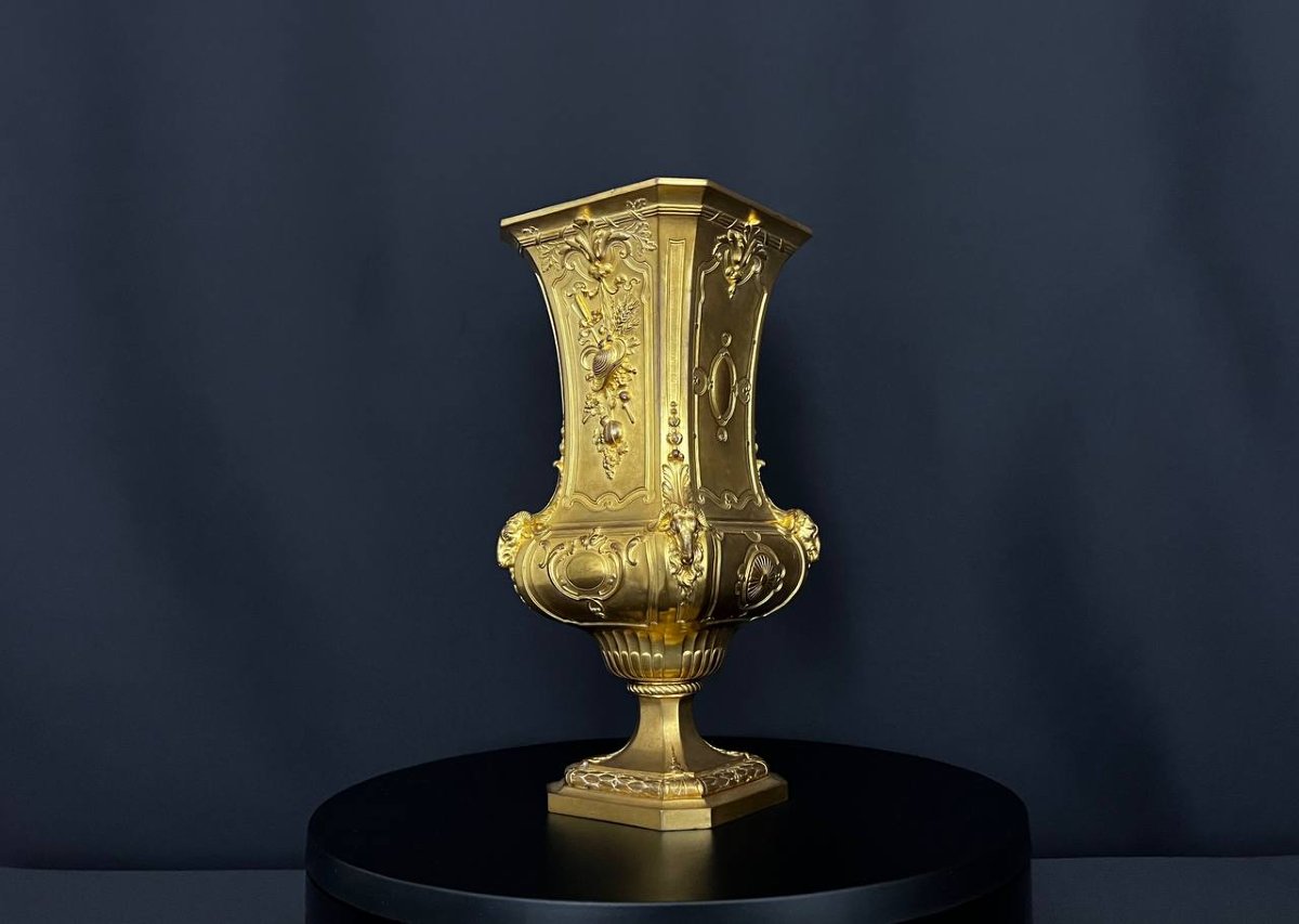 Gilt Bronze Vase Signed F. Barbedienne, Louis XV Style, 19th Century-photo-4