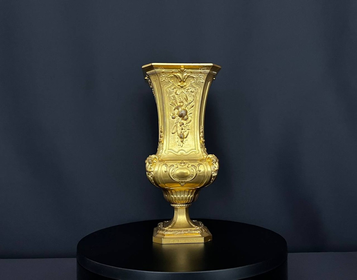 Gilt Bronze Vase Signed F. Barbedienne, Louis XV Style, 19th Century
