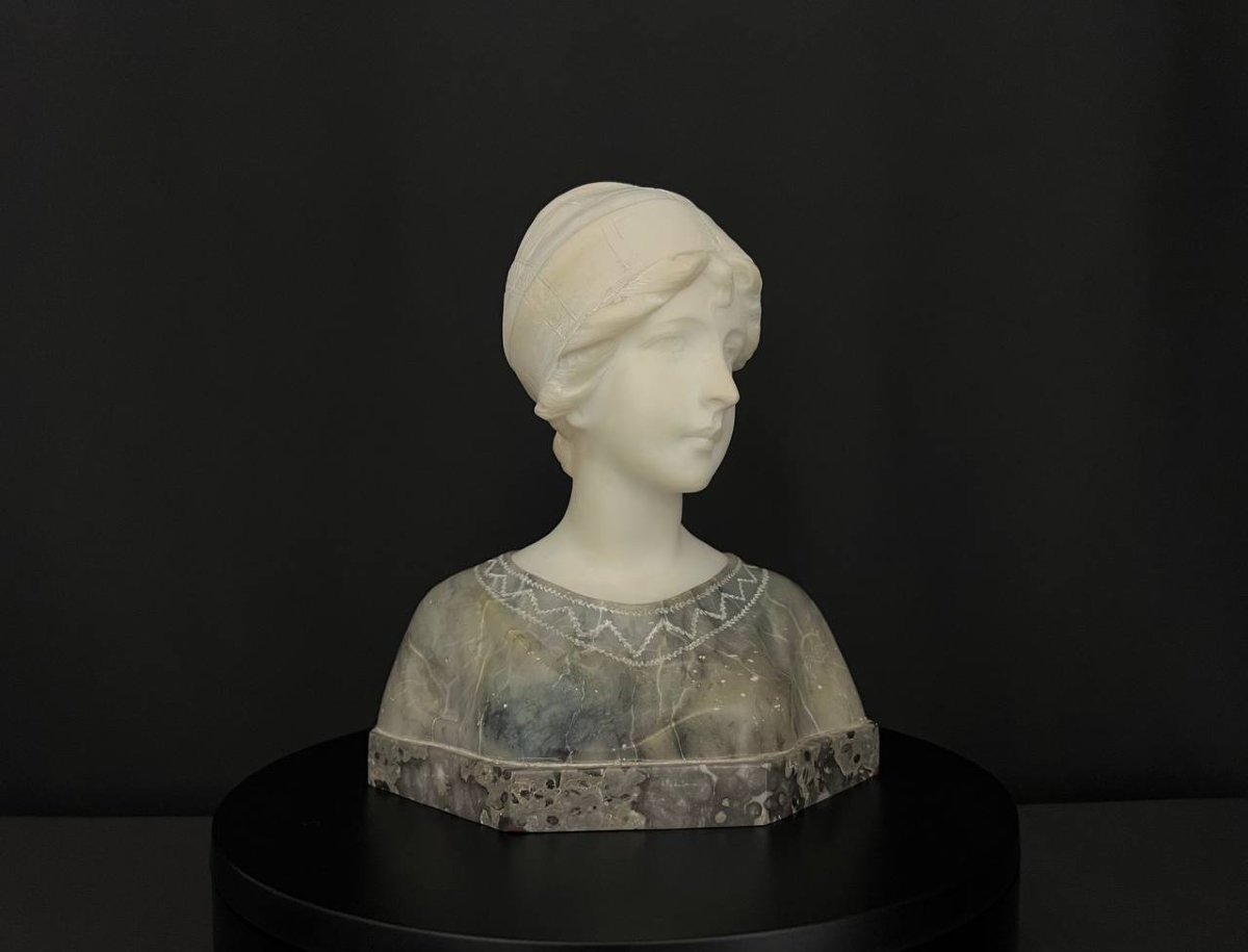 Female Bust In Alabaster And Marble - Art Deco Style-photo-1