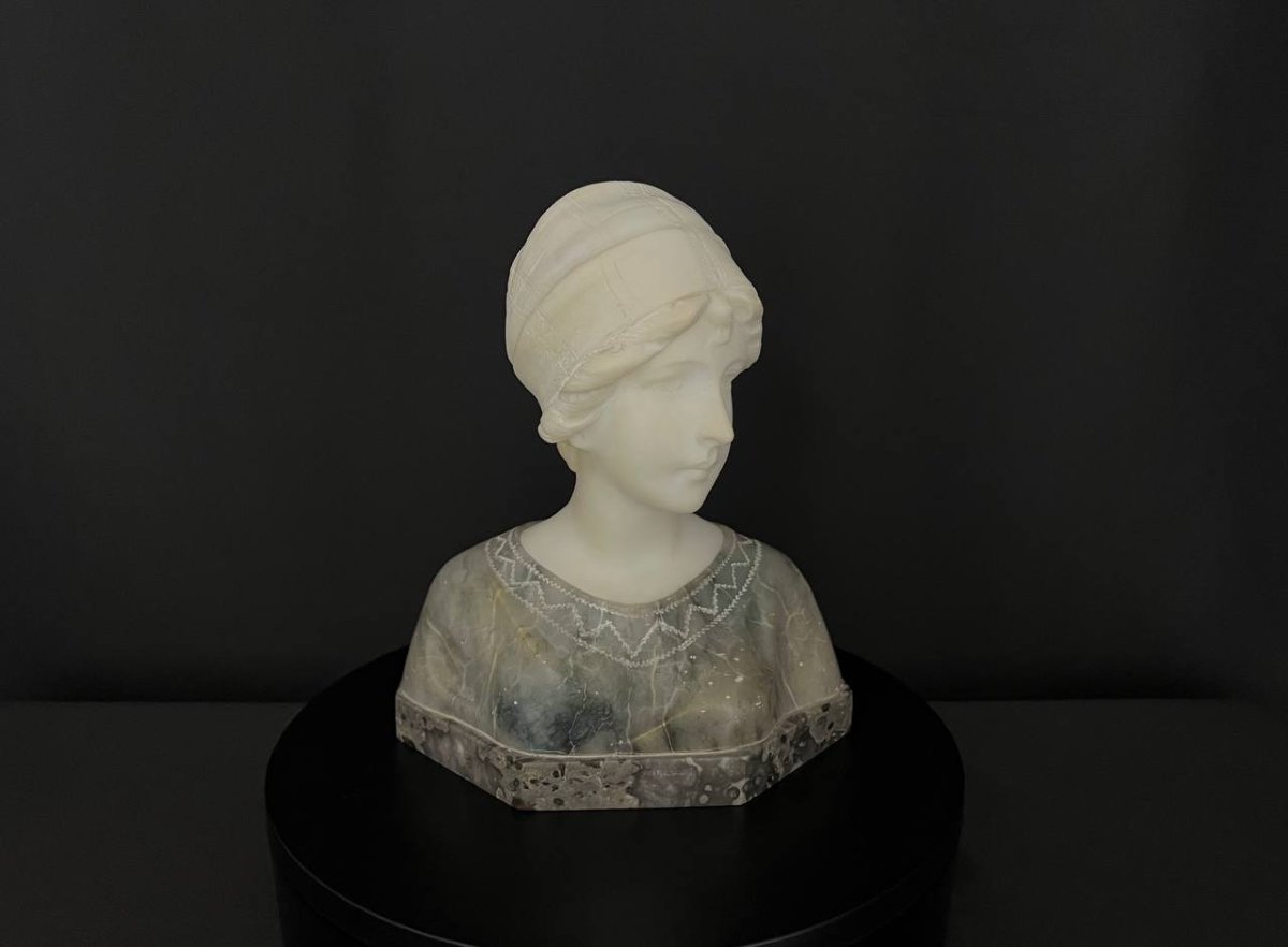 Female Bust In Alabaster And Marble - Art Deco Style-photo-2