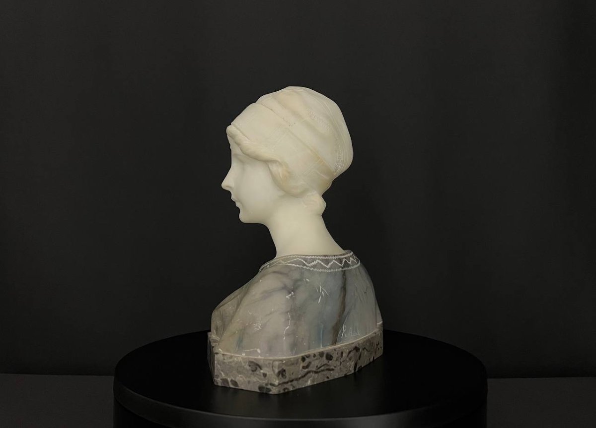 Female Bust In Alabaster And Marble - Art Deco Style-photo-4