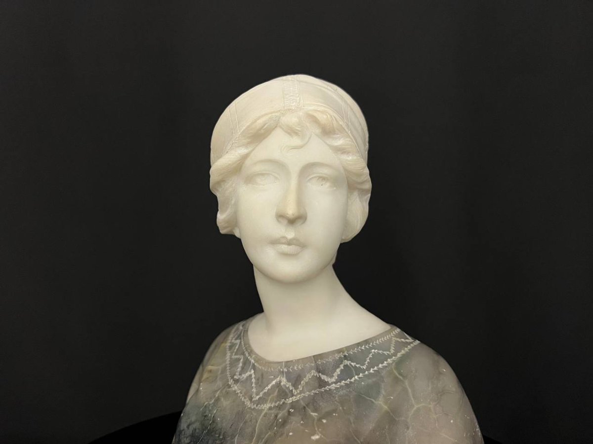 Female Bust In Alabaster And Marble - Art Deco Style-photo-5