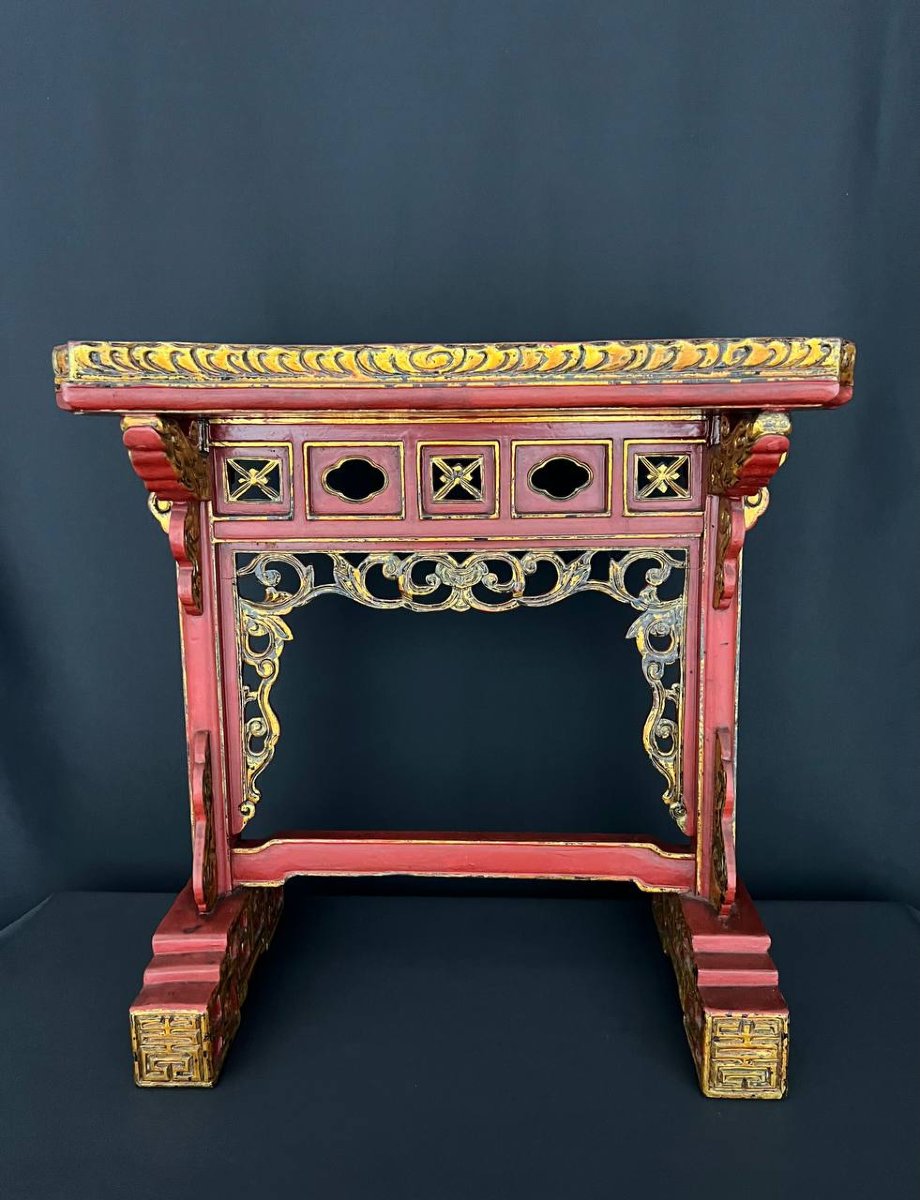 Decorative Asian-style Sellette In Red Lacquered And Gilded Wood-photo-1