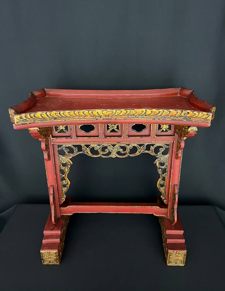 Decorative Asian-style Sellette In Red Lacquered And Gilded Wood-photo-2
