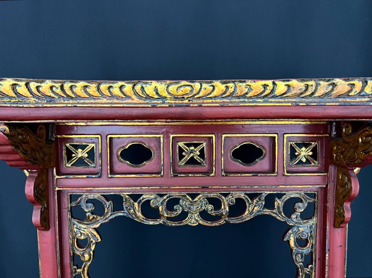 Decorative Asian-style Sellette In Red Lacquered And Gilded Wood-photo-3