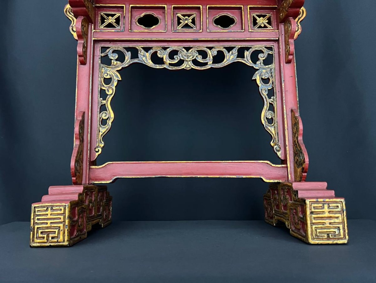 Decorative Asian-style Sellette In Red Lacquered And Gilded Wood-photo-4