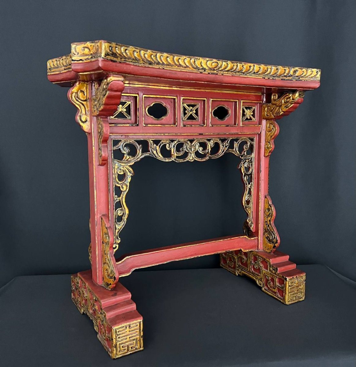 Decorative Asian-style Sellette In Red Lacquered And Gilded Wood-photo-5