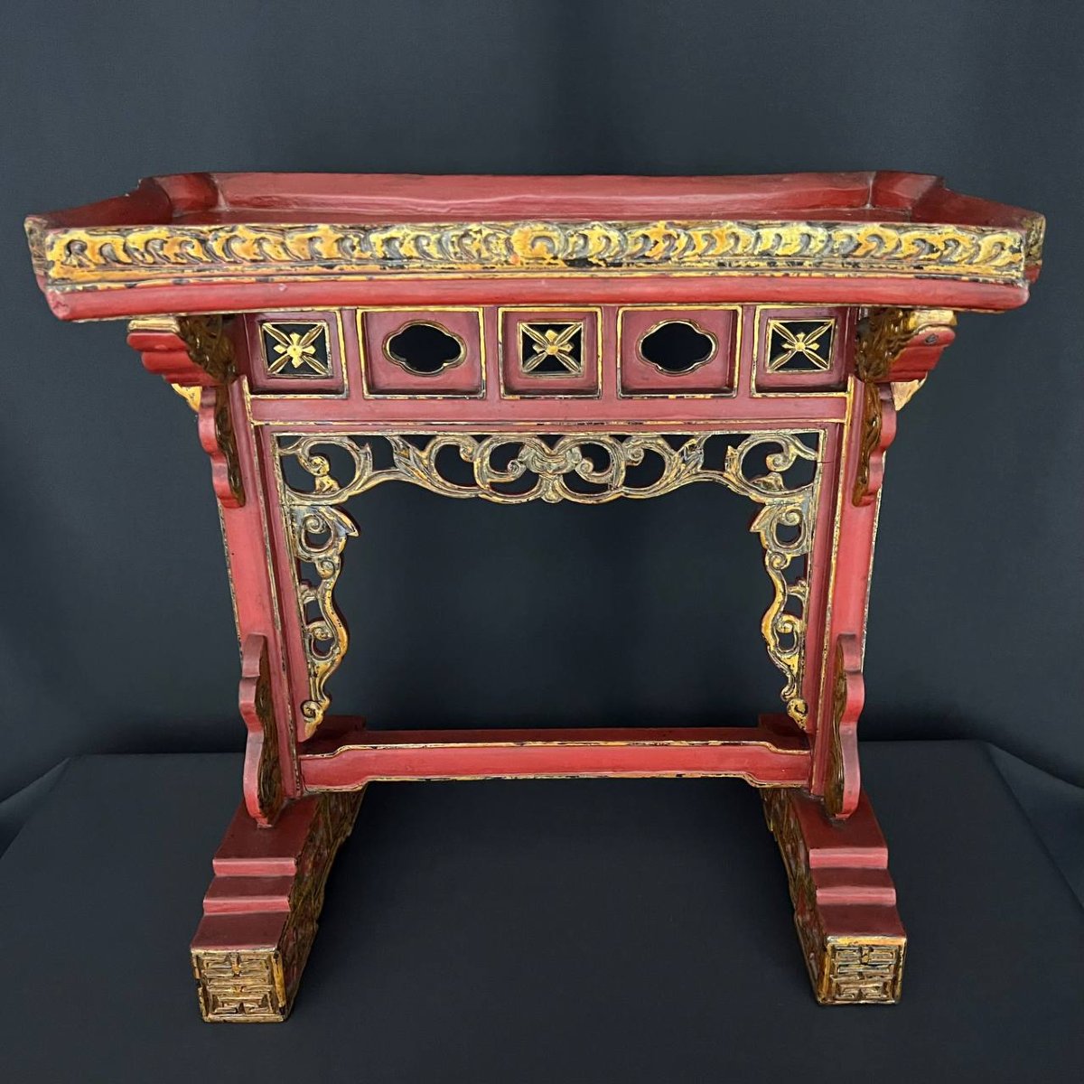 Decorative Asian-style Sellette In Red Lacquered And Gilded Wood-photo-6
