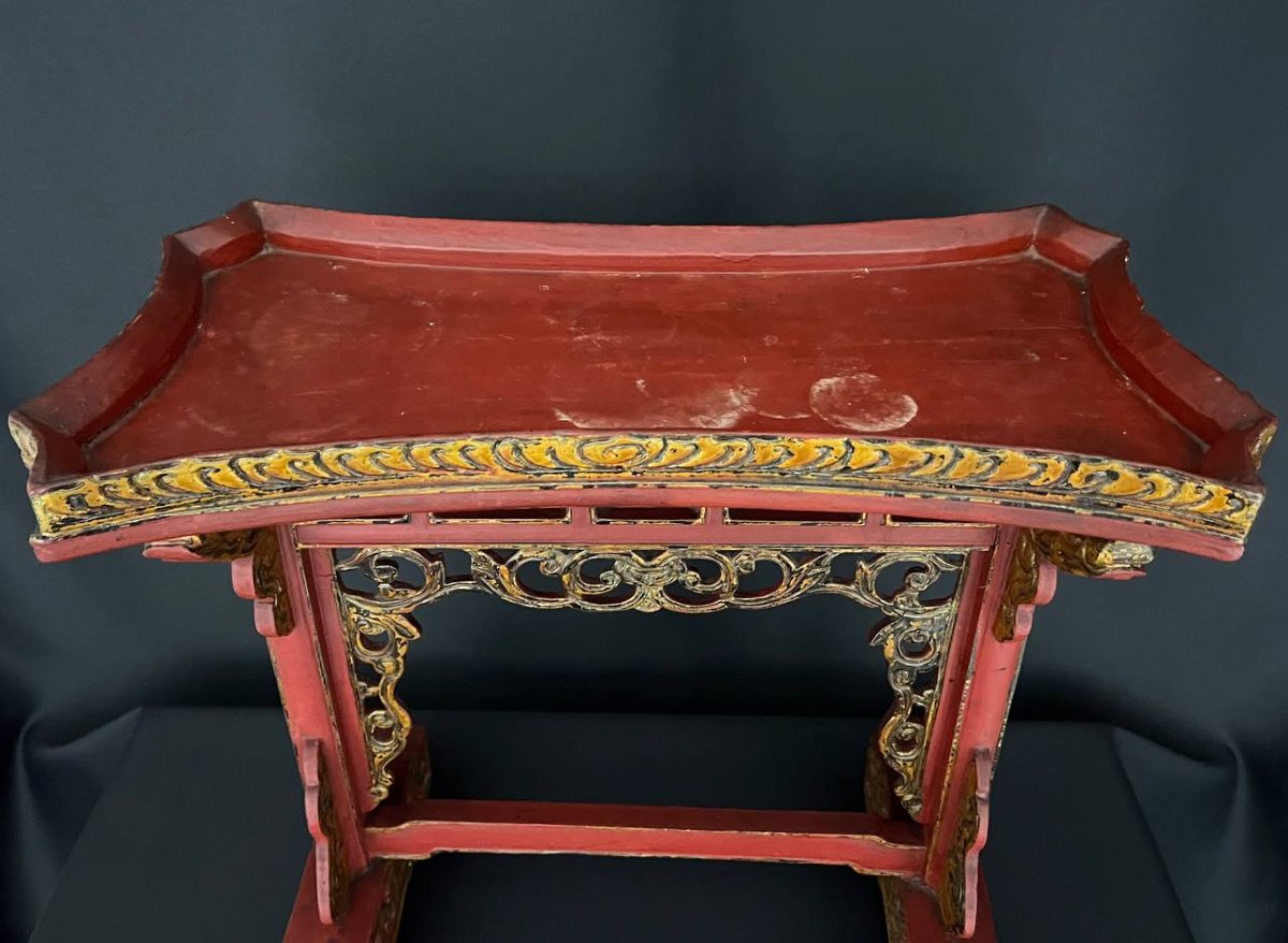 Decorative Asian-style Sellette In Red Lacquered And Gilded Wood-photo-7