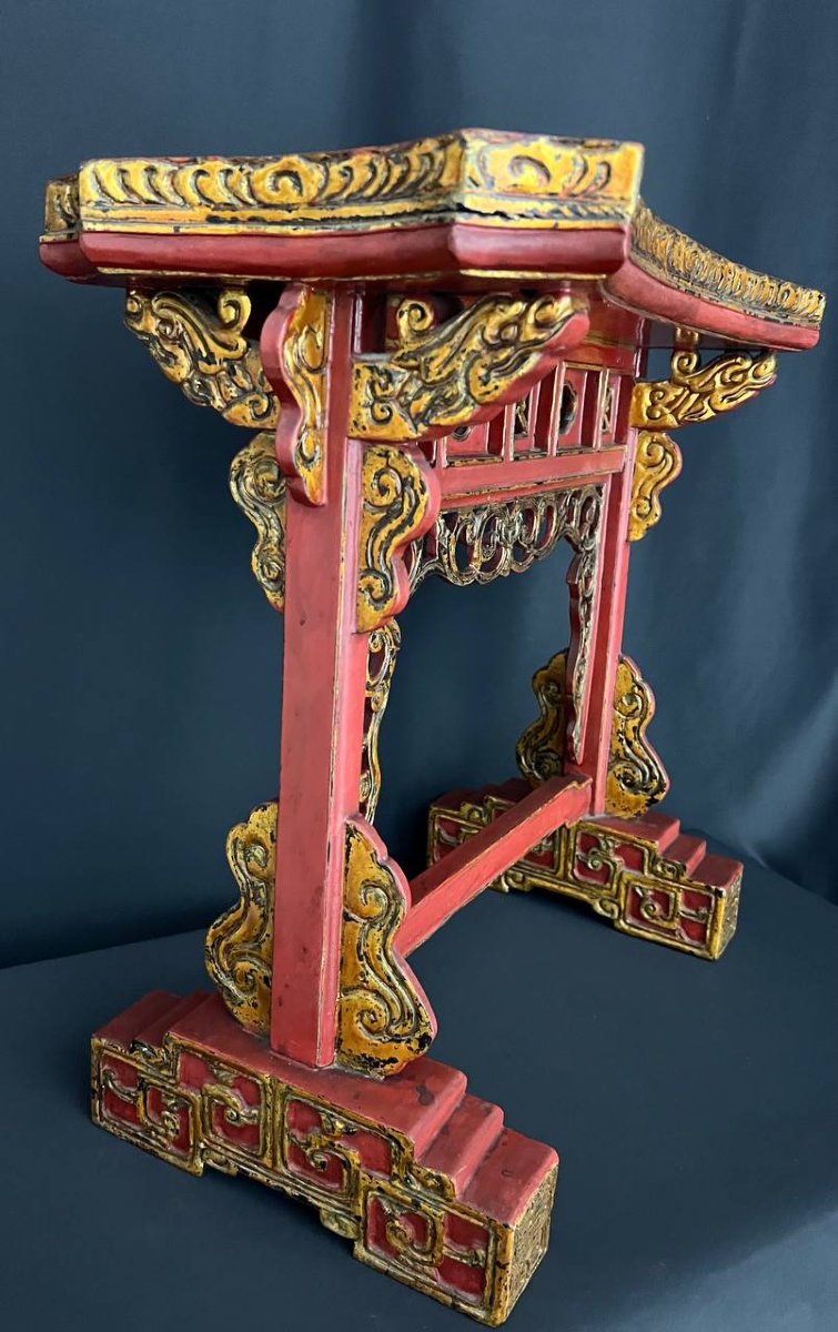 Decorative Asian-style Sellette In Red Lacquered And Gilded Wood-photo-8